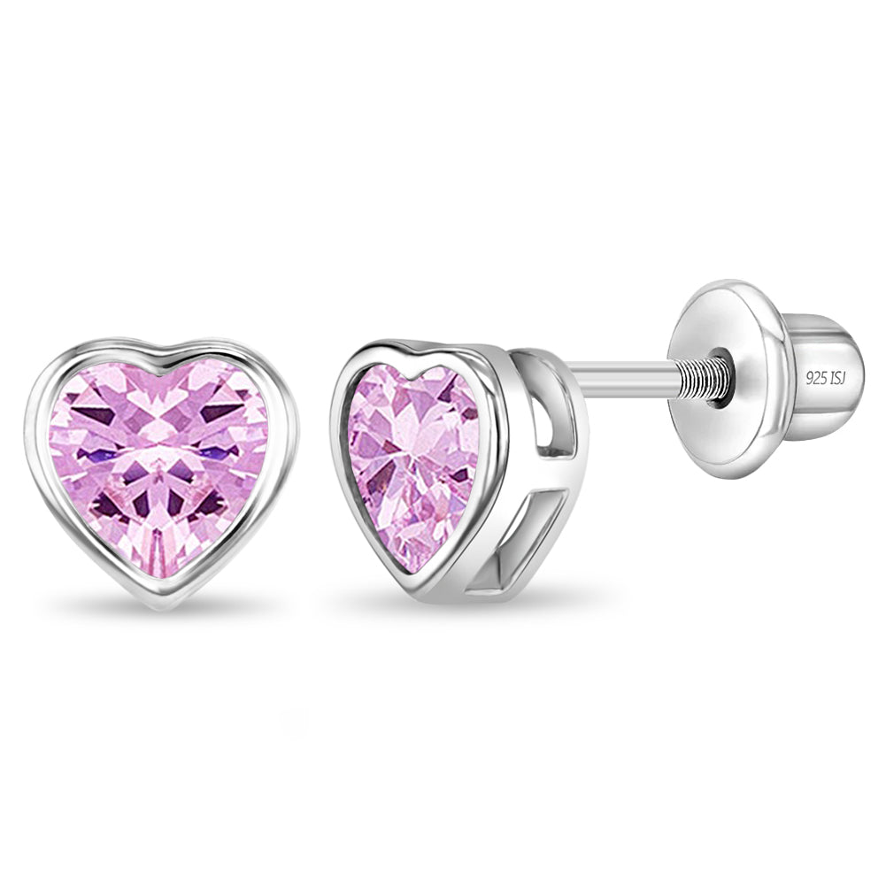 Bezel CZ Heart Girls Earrings - Pink