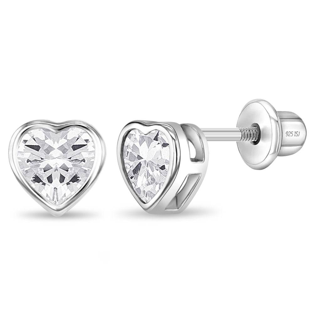 Bezel CZ Heart Girls Earrings - Clear